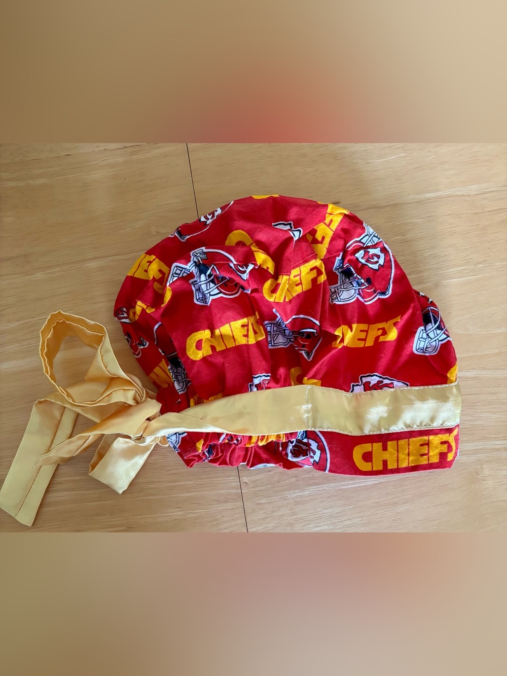 Kansas City Chiefs Satin Scrub Cap - Red & Gold with Ribbon